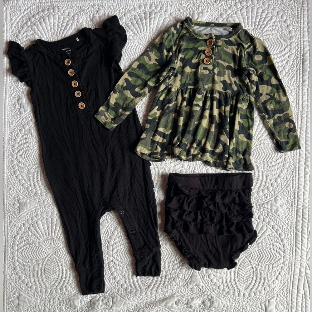 GUC Posh Peanut Black romper and Camouflage Baby Outfit Set